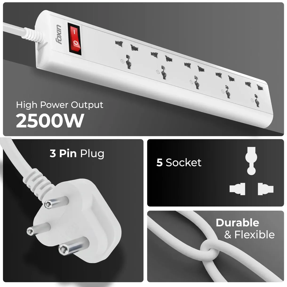 Foxin Spike 5 Socket 1 Switch 2m view 2